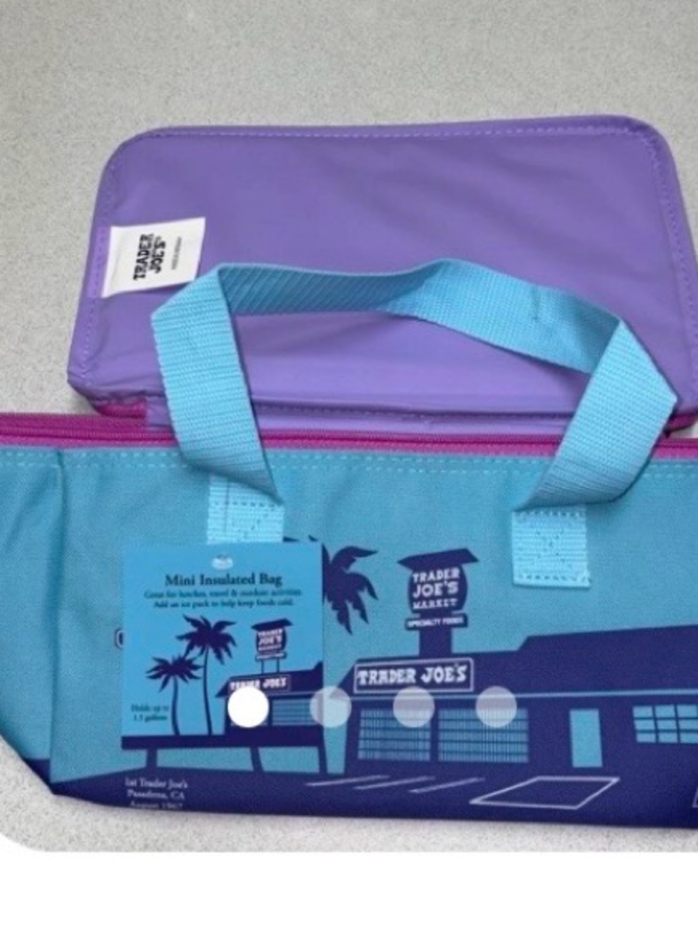 Trader Joe’s Viral Mini Insulated Tote Turquoise with fuchsia zipper & lilac